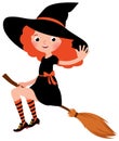 Little redhead Halloween witch flying on a broomstick Royalty Free Stock Photo