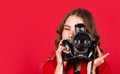 Little reporter make photo. vintage camera. girl with retro camera. capture childhood memories. SLR camera. copy space Royalty Free Stock Photo