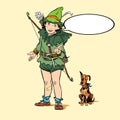 Little Robin Hood and a dog. Boy and his dog. Robin Hood childhood. Child Robin Hood. Medieval legends. Heroes of Royalty Free Stock Photo