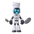 Little robot cook holding cooking pan, chef robot 3d rendering