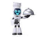 Little robot cook holding serving cloche, chef robot 3d rendering