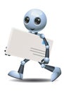Little robot delivering envelope on isolated white background
