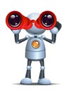 Little robot hold binocular on isolated white background