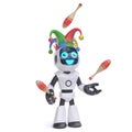 Little robot juggler wearing jester hat 3d rendering