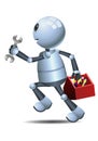 Little robot mechanic running on isolated white background