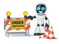 Little robot next to under construction sign board and traffic cones, 3d rendering Royalty Free Stock Photo