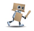 little robot playing warrior using card board Royalty Free Stock Photo