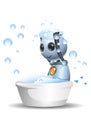 little robot sit on bath up taking shower