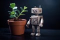 Little robot is standing near pot with plant. Beautiful illustration picture. Generative AI