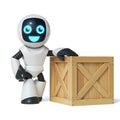 Little robot standing next to wooden crate 3d rendering