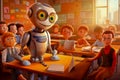 Little robots sitting at desks in a classroom listening to a robot teacher