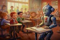 Little robots sitting at desks in a classroom listening to a robot teacher