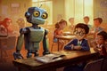 Little robots sitting at desks in a classroom listening to a robot teacher