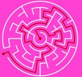 Little round vector labirinth. Vector easy white circle maze on pink background. A game with red passing route