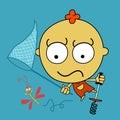 Little sad boy jump on pogo stick and catches net butterfly Royalty Free Stock Photo