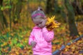 Little sad girl holding fallen leaves in autumn park. Young sorrowful child holds leaf. Small heartbroken female in dark forest.