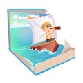 Little sailor boy holding telescope on sailboat in a open Book