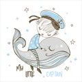 A little sailor boy sleeps sweetly on a magic whale. Vector