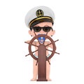 Little Sailor or Captain Concept. Cartoon Cute Baby Boy in Naval Officer, Admiral, Navy Ship Captain Hat near Wooden Ship Steering Royalty Free Stock Photo