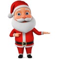 Little Santa Claus points a finger at the empty space. 3d render illustration for advertising