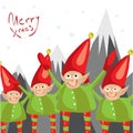 Little Santa helpers wish you a Merry Christmas. Vector illustrated greeting card.