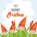 Little Santa helpers wish you a Merry Christmas. Vector illustrated greeting card.