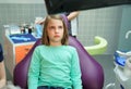 Little scared girl sitting in chair in dentist doctor office. Kid,child afraid of tooth extraction, teeth treatment