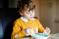 Little school boy eating vegetable soup indoor. Blond child in domestic kitchen or in school canteen. Cute kid and Royalty Free Stock Photo