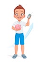 Little school boy with piggy bank and calculator. Smart kid saving money for future. Isolated vector illustration.