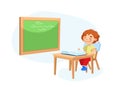 Little Schoolboy Character Sitting at Desk with Open Textbook in front of Blackboard with Lesson Writings