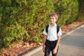 Little schoolboy comes back from school in good mood. The boy goes on a footpath. He has raised eyes to the sky and Royalty Free Stock Photo