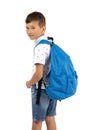 Little schoolboy with schoolbag, backpack, isolated on white. Going to school. Back to school