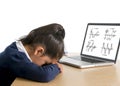 Little schoolgirl bored and tired with computer maths homework Royalty Free Stock Photo