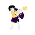 A little schoolgirl is carrying a heavy backpack. Concept Back to School. Girl with a large schoolbag. Upset girl going to school Royalty Free Stock Photo