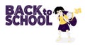 A little schoolgirl is carrying a heavy backpack. Slogan Back to School. Girl with a large schoolbag. Upset girl going to school. Royalty Free Stock Photo