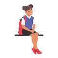 Little Schoolgirl Character Sits On A Bench Or Parapet, Her School Bag beside of Her Back. Lost In Contemplation Royalty Free Stock Photo