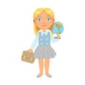 Little schoolgirl standing and holding globe and school bag, a colorful character isolated on a white background