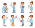 Little scientists. Kids in lab coats hold test tubes. Chemical flasks and beakers. Young chemists or biologists