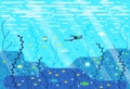 Little scuba diver spearfishing - vector cartoon illustration in flat stile