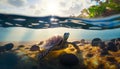 sea turtle swimming in the sea, Little sea Tortoise swim in the ocean floor, scenic GALAPAGOS ISLAND,