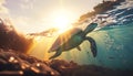 sea turtle swimming in the sea, Little sea Tortoise swim in the ocean floor, scenic GALAPAGOS ISLAND, Royalty Free Stock Photo