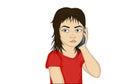 Little serious and angry girl talking on the phone while holding