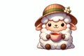 Little sheep in a hat sitting with a cup of tea. Space for text. Royalty Free Stock Photo