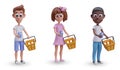 Little shoppers with shopping baskets and purchases. Set of boys and girls for design of store Royalty Free Stock Photo