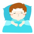 Little sick boy in bed cartoon .