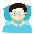 Little sick boy in bed cartoon .