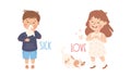 Little Sick Boy with Runny Nose and Girl Showing Sense of Love to Puppy Vector Set