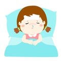 Little sick girl in bed cartoon .