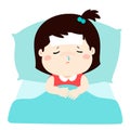 Little sick girl in bed cartoon . Royalty Free Stock Photo