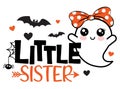 Little Sister Halloween vector illustration with cute ghost, hearts, spider and bats. Royalty Free Stock Photo